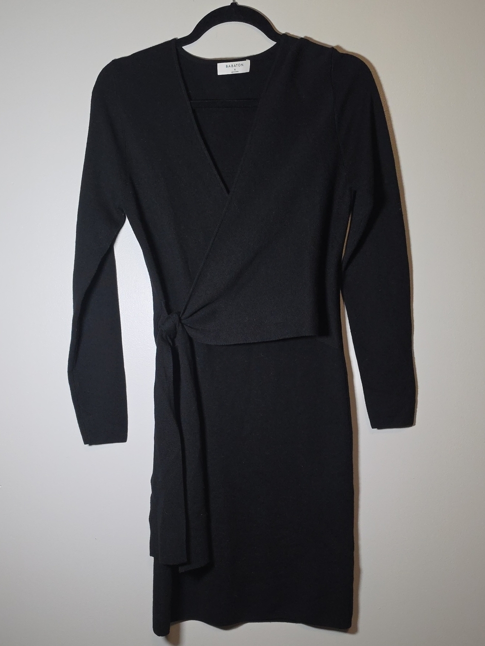 Babaton Fremont Black Wrap Knit Long-Sleeve Dress